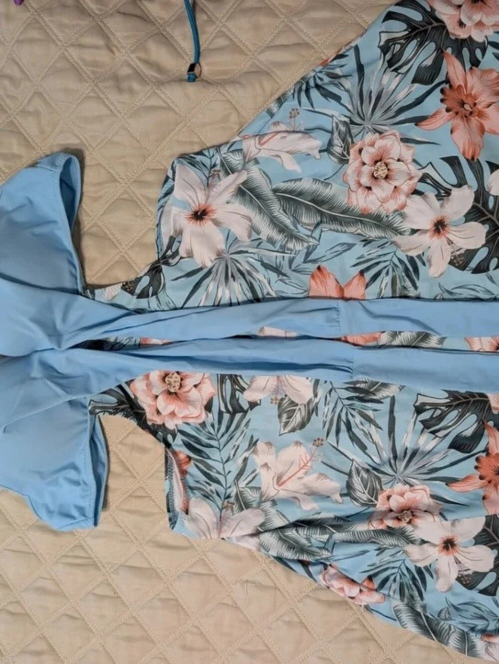 Light Blue Floral Cutout Tankini Swim Dress with Skirt
